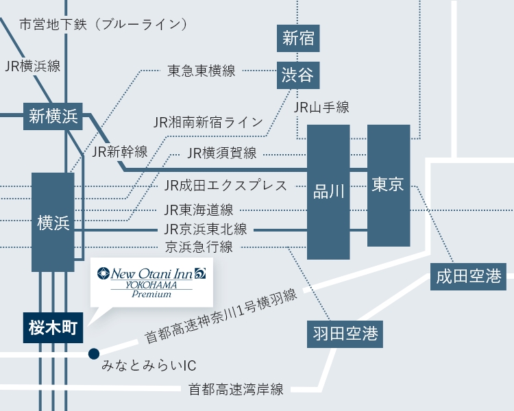 ニューオータニイン横浜プレミアムまでの地図。