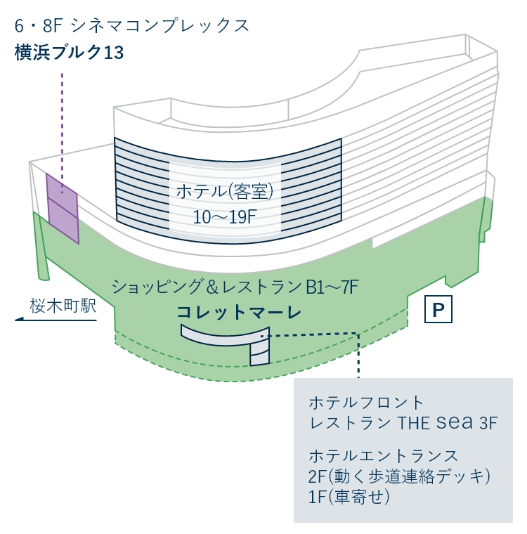 ニューオータニイン横浜プレミアムの館内案内図です。ホテルフロントはショッピング＆レストラン「コレットマーレ」の3階です。